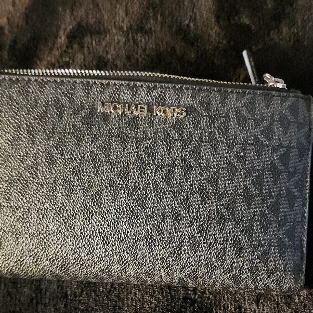 Michael Kors Black Monogram Zip Wallet with Gold Logo